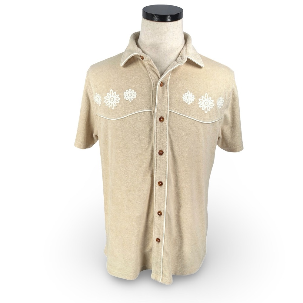 Dandy Del Mar Men Beige Terry Cloth Western Floral Embroidered Shirt Medium
